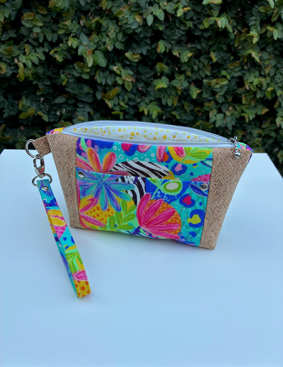 Norfolk Pouch - Calista Bright Floral (Ladybird and Roar) w/ Herringbone cork