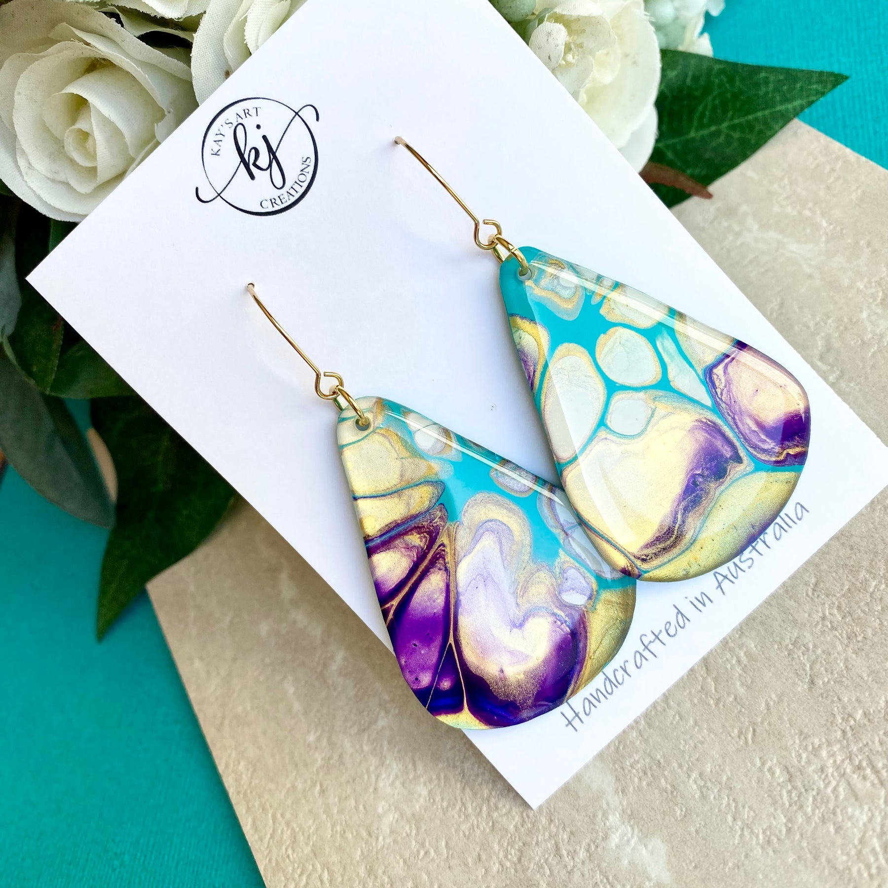 Stunning Turquoise and Gold Abstract Art Earrings