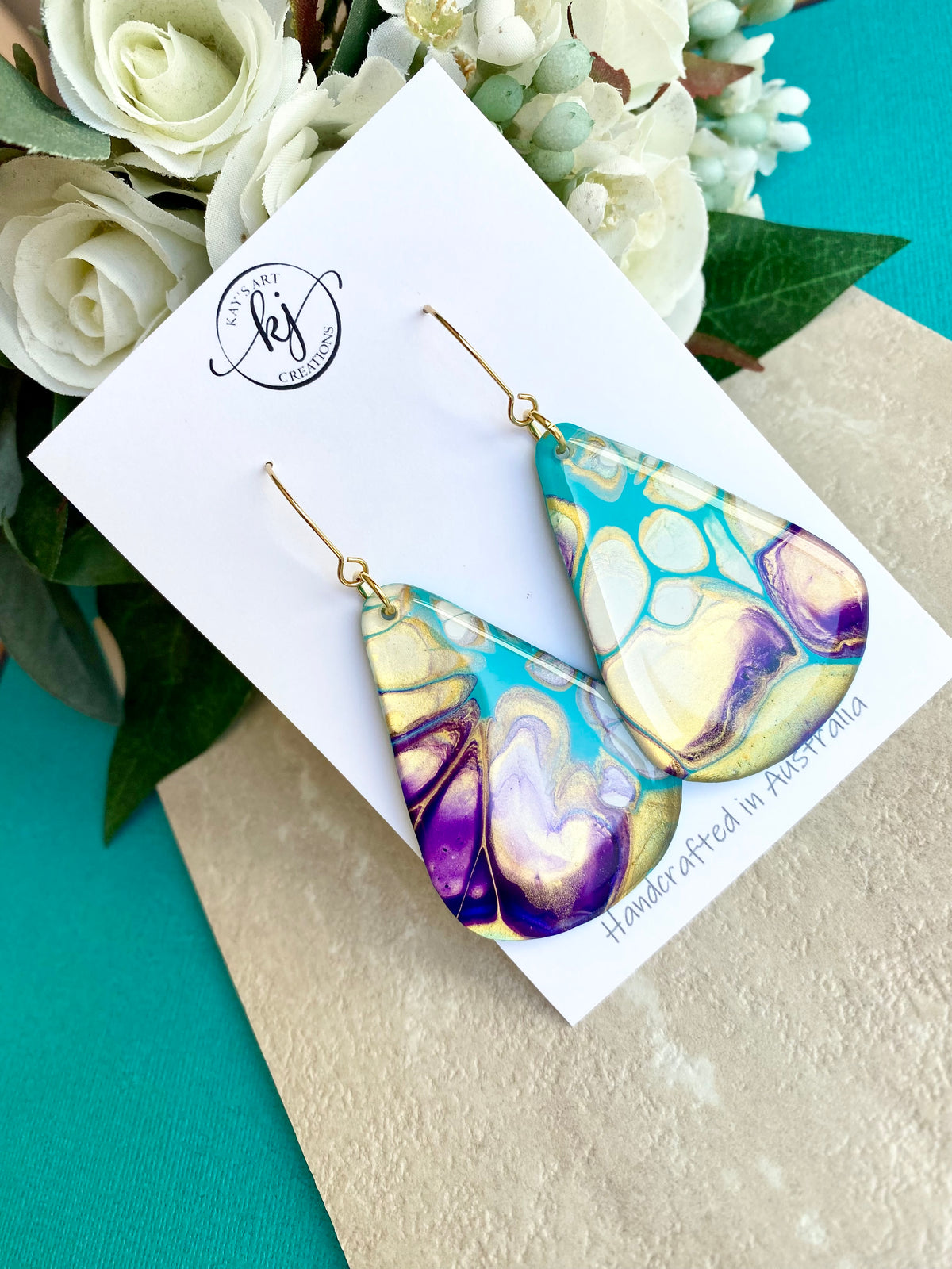Stunning Turquoise and Gold Abstract Art Earrings