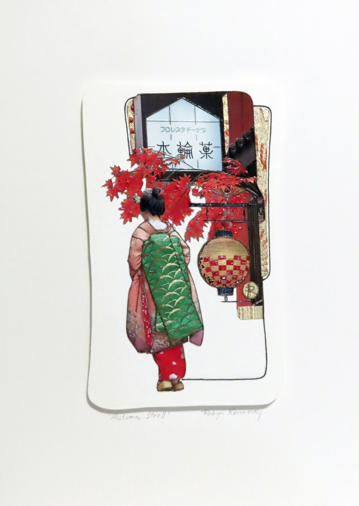 Unframed Collage Art - Japanese Geisha Autumn Leaves