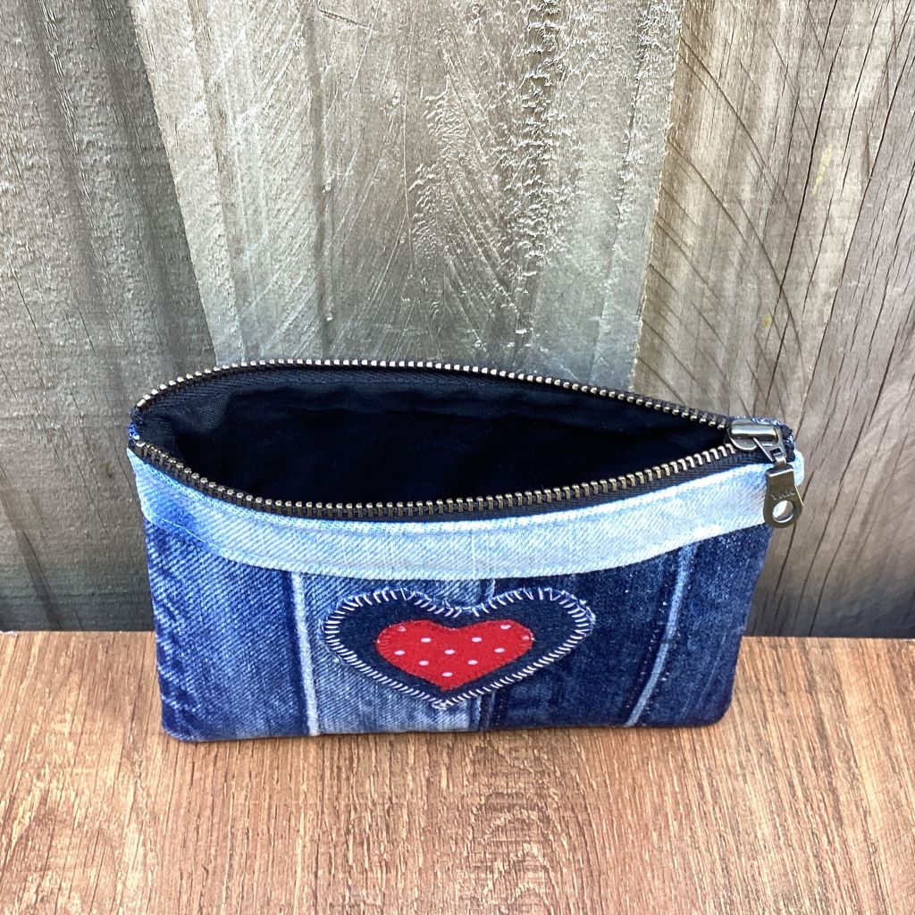 Upcycled Denim Purse – Denim & Red Polka Dot Heart