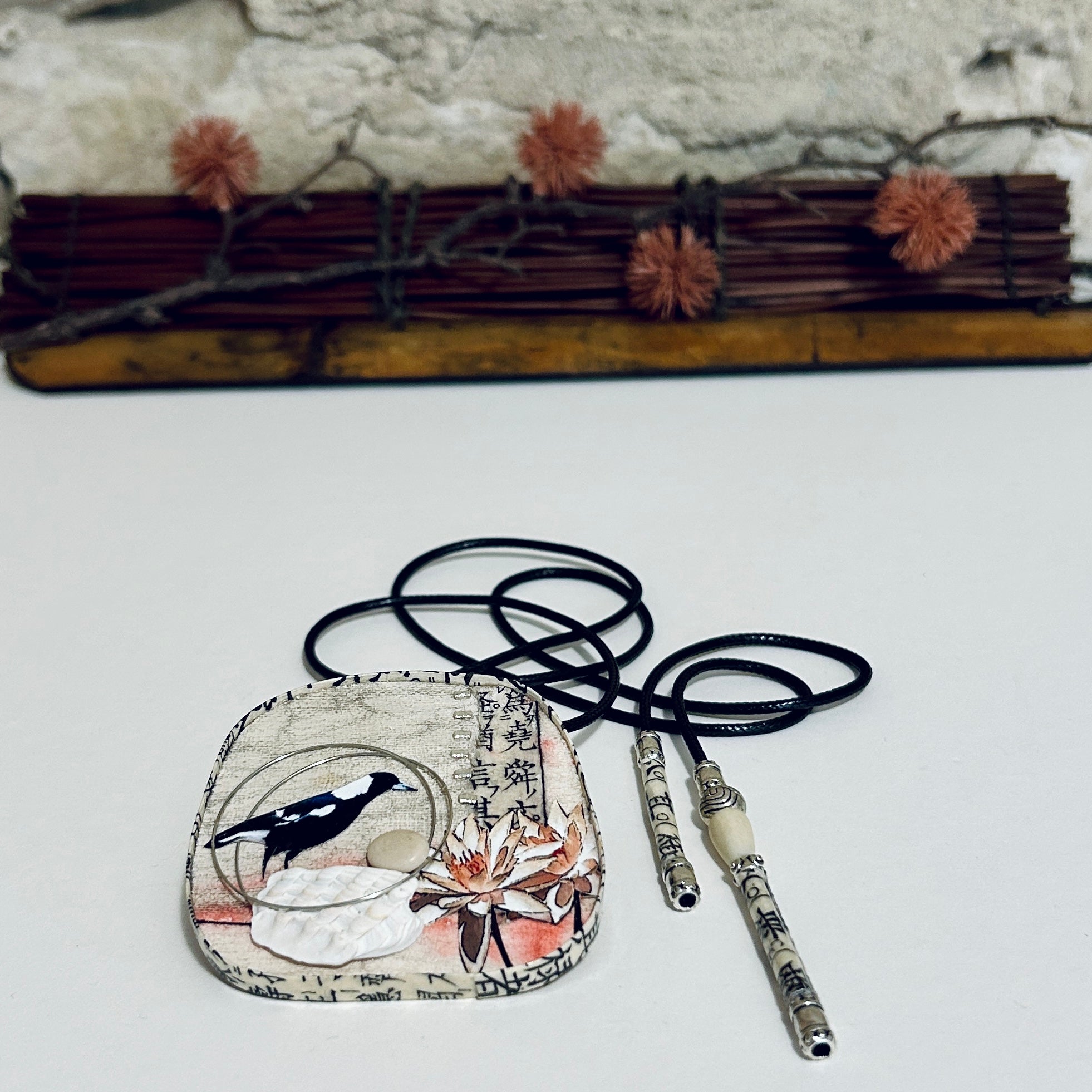 Miniature Magpie Art Pendant Necklace Brooch-6cm x 6.5cm