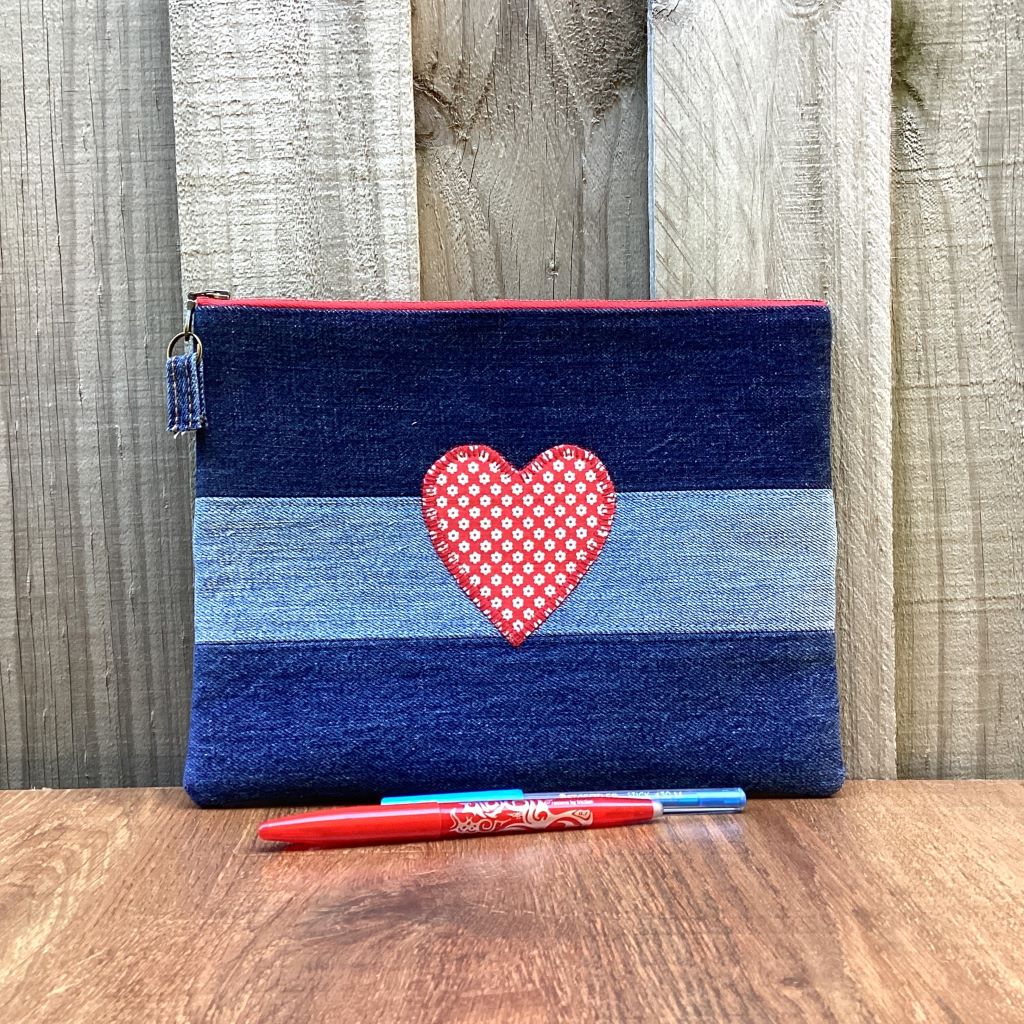 Upcycled Denim Pencil Case – Red Heart Applique