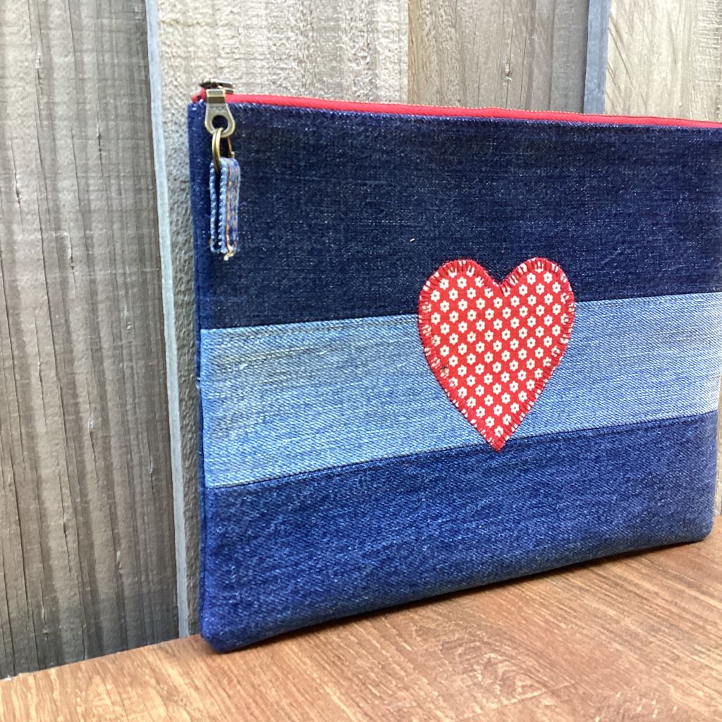Upcycled Denim Pencil Case – Red Heart Applique