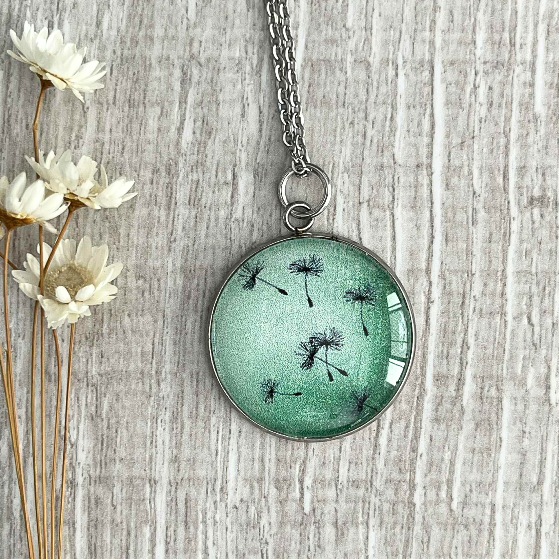 Soft Green Hues Dandelion Pendant • A Wearable Gift For Nature Lovers
