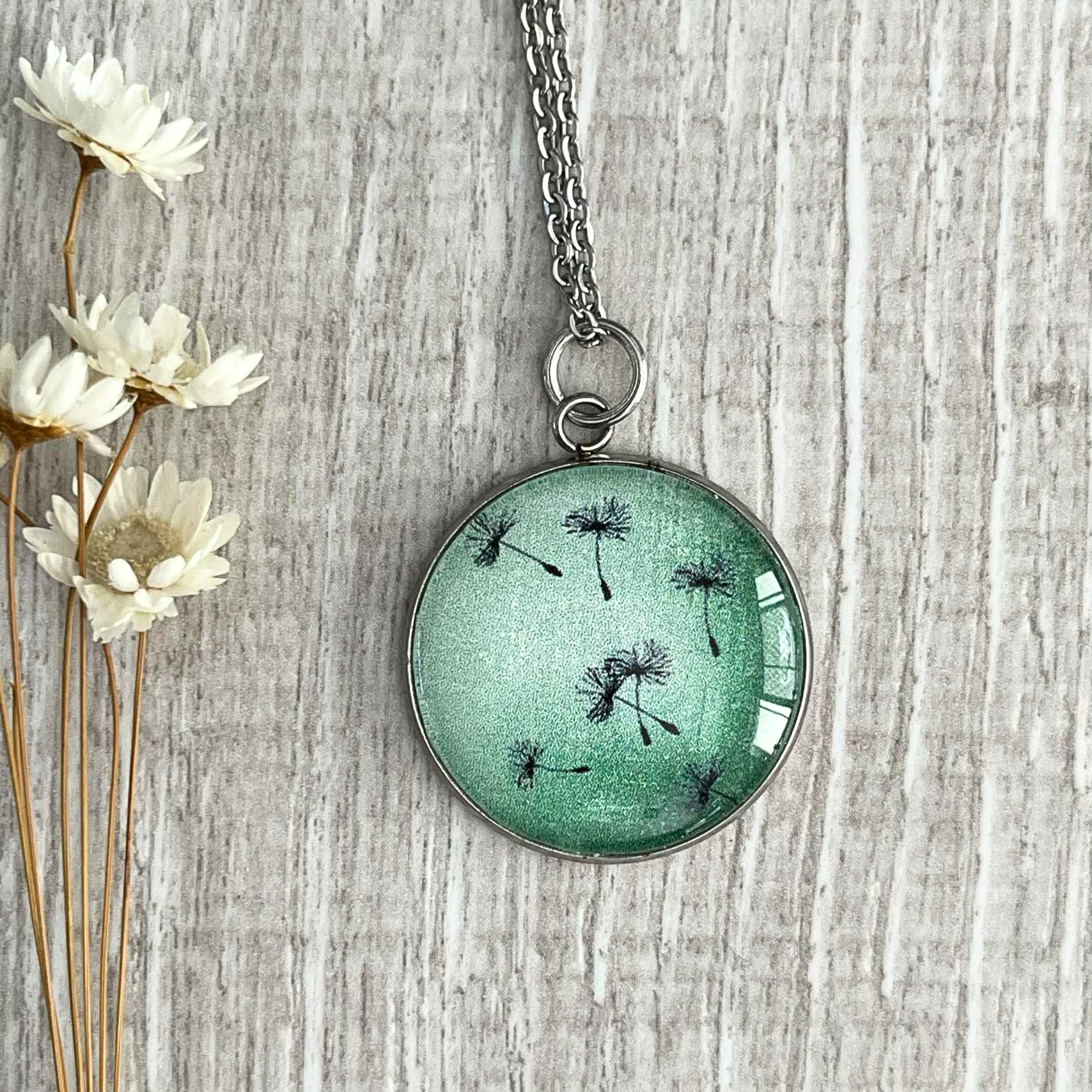Soft Green Hues Dandelion Pendant • A Wearable Gift For Nature Lovers