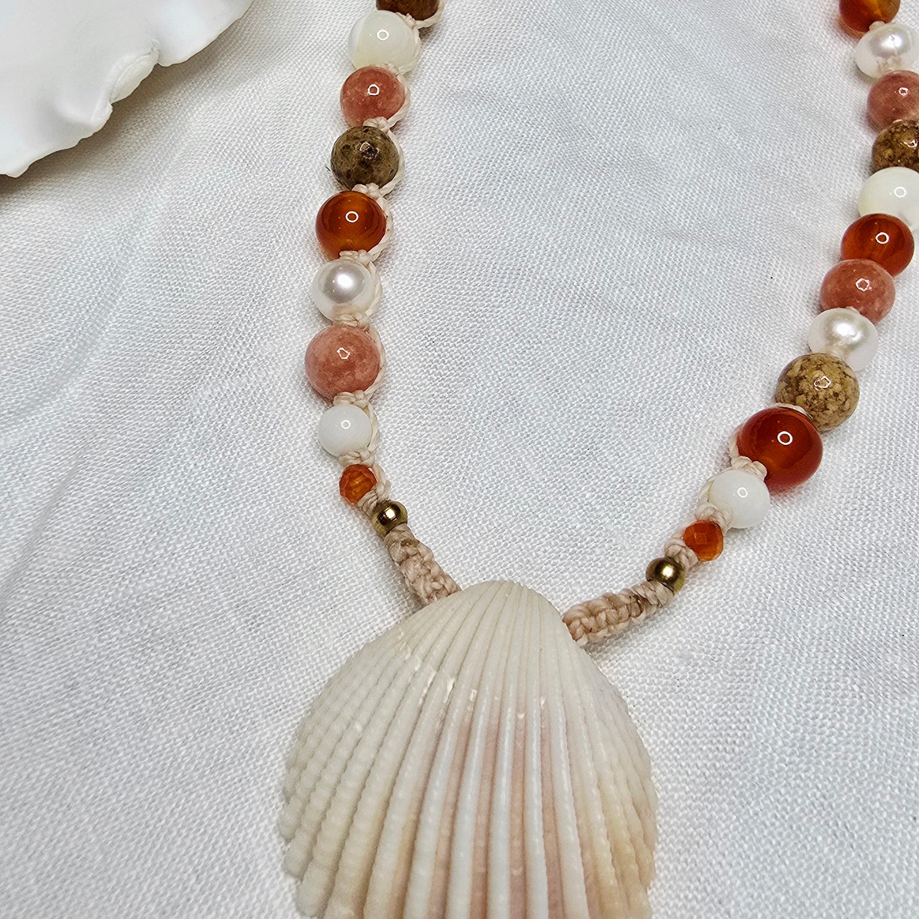Cockle Shell Necklace Adjustable with Pearls and Rare Ocean Agate