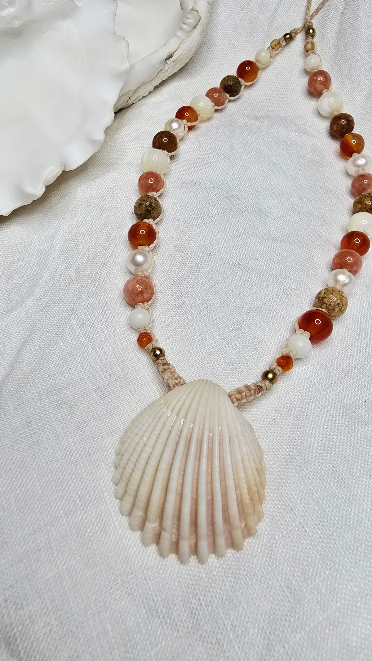 Cockle Shell Necklace Adjustable with Pearls and Rare Ocean Agate