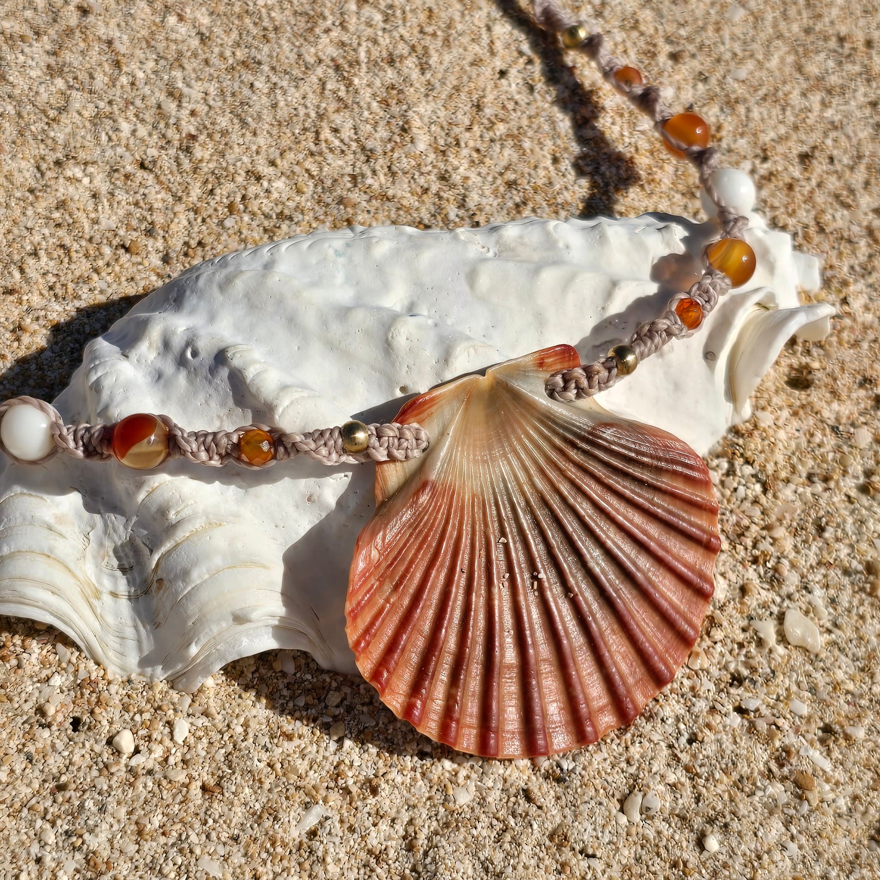 Scallop Shell Necklace with Carnelian & Shell Beads