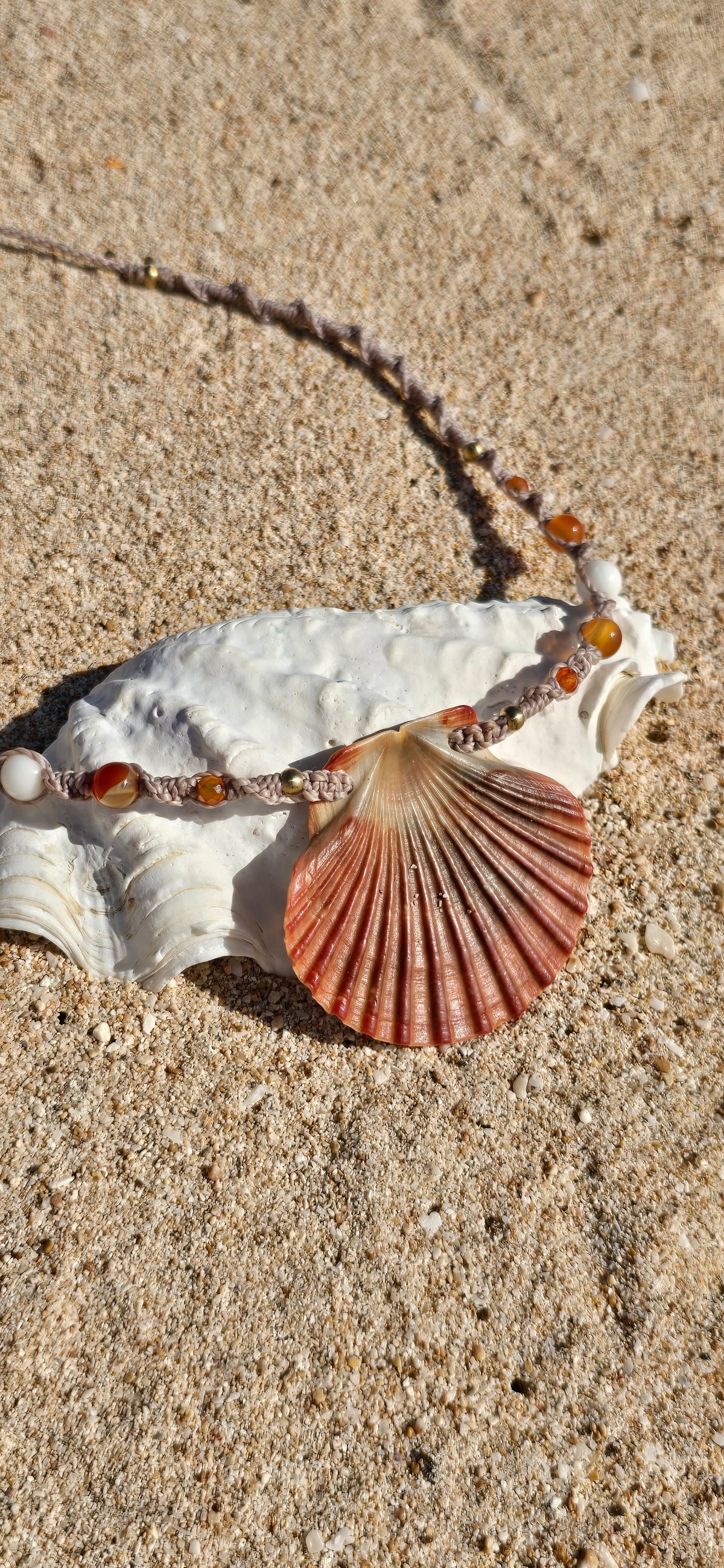 Scallop Shell Necklace with Carnelian & Shell Beads