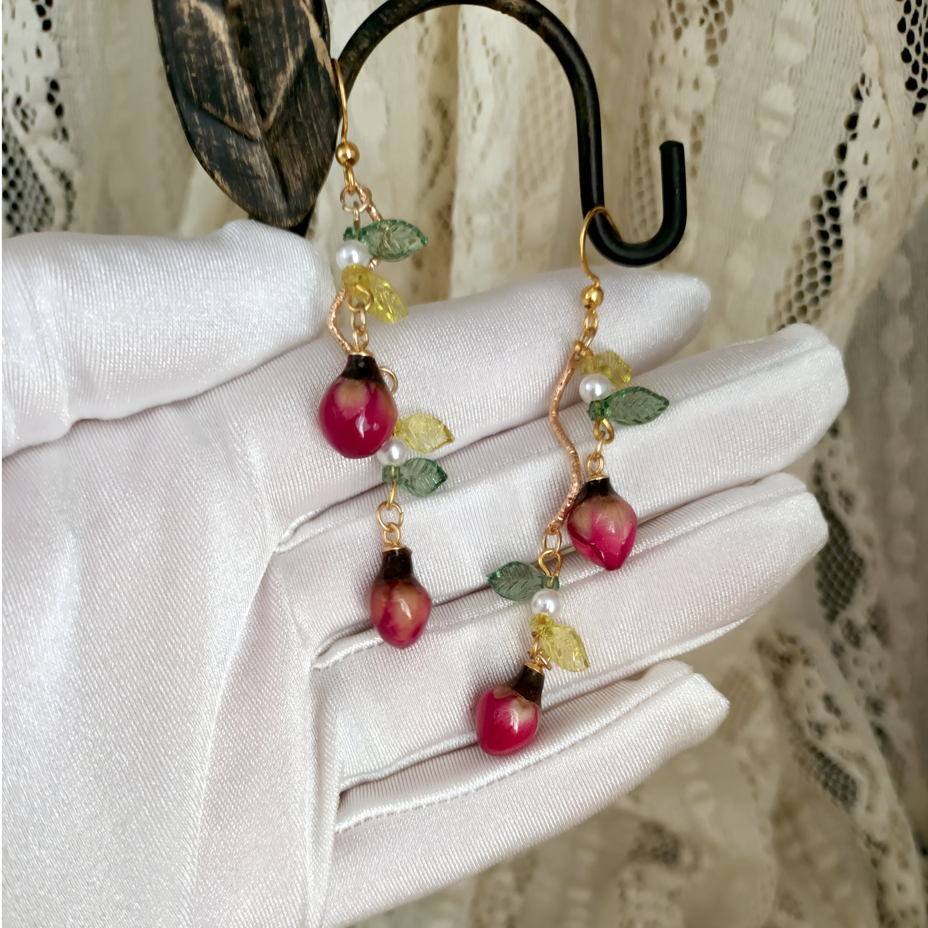 Golden Vine with Real Mini Rose Buds Earrings