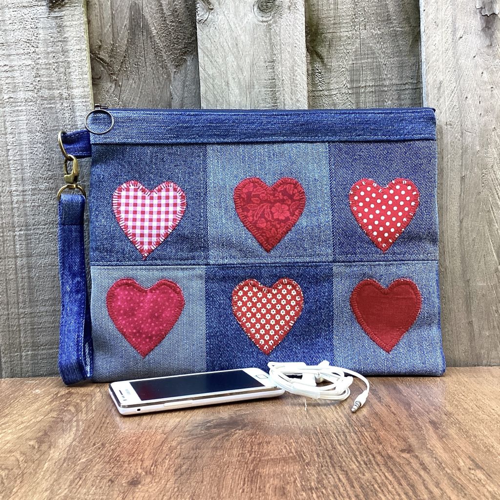 Large Upcycled Denim Pouch – Red Hearts #2