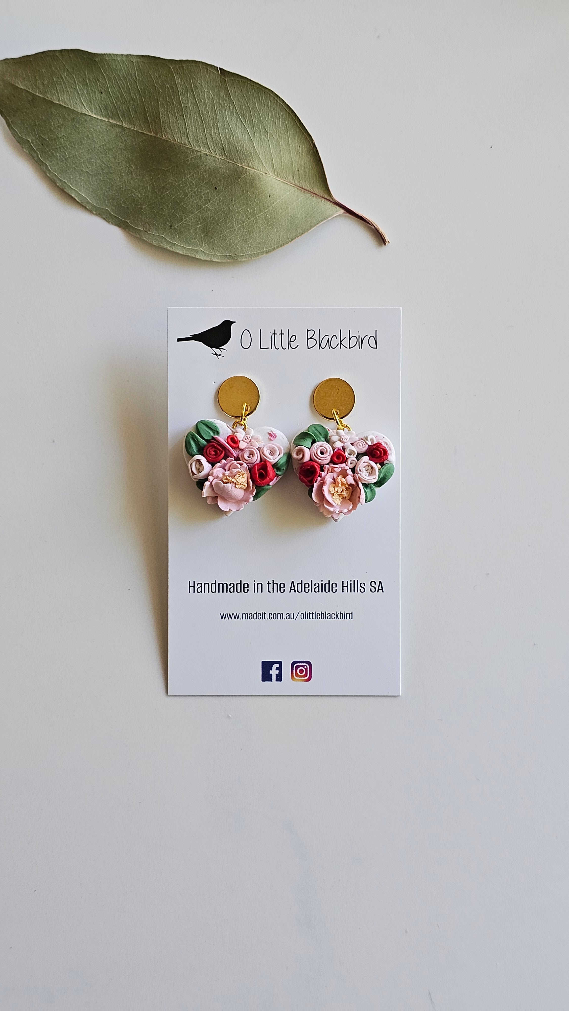 Floral bouquet heart earrings, Handmade Jewellery,Clay Earrings.