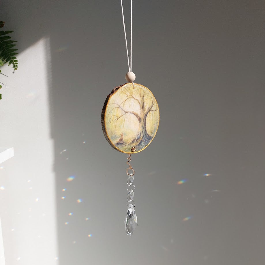 Fox art on Timber, Crystal Suncatcher, Handmade Window Hanging,