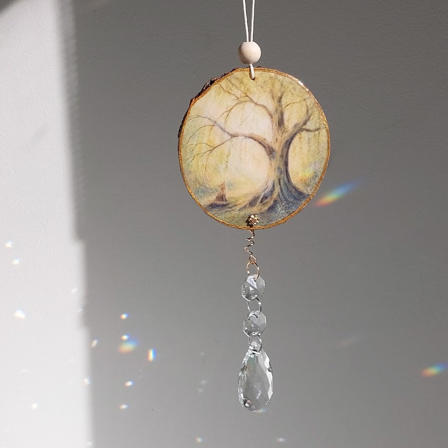 Fox art on Timber, Crystal Suncatcher, Handmade Window Hanging,