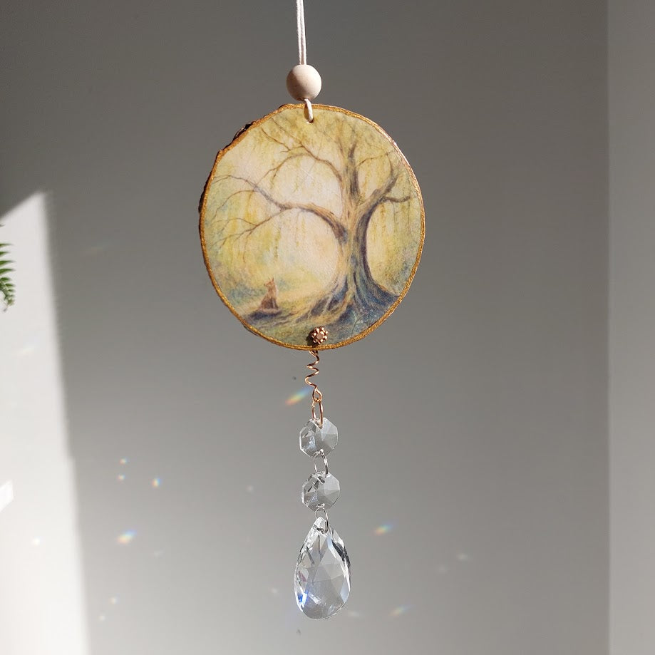 Fox art on Timber, Crystal Suncatcher, Handmade Window Hanging,