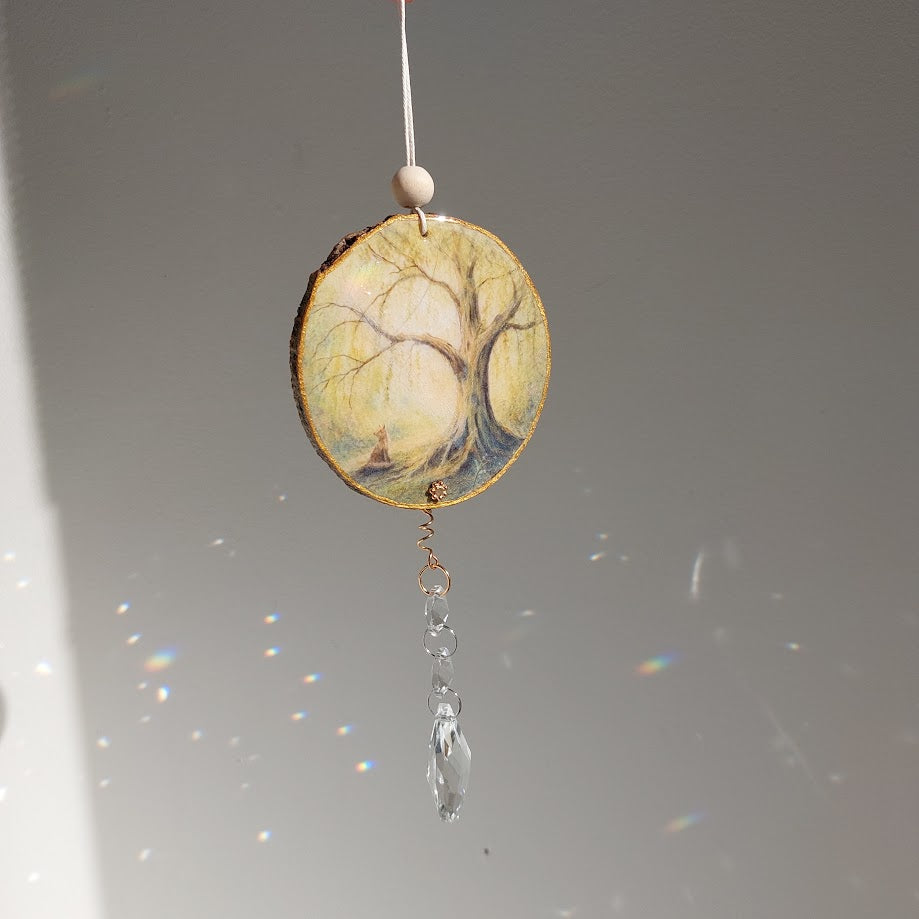 Fox art on Timber, Crystal Suncatcher, Handmade Window Hanging,