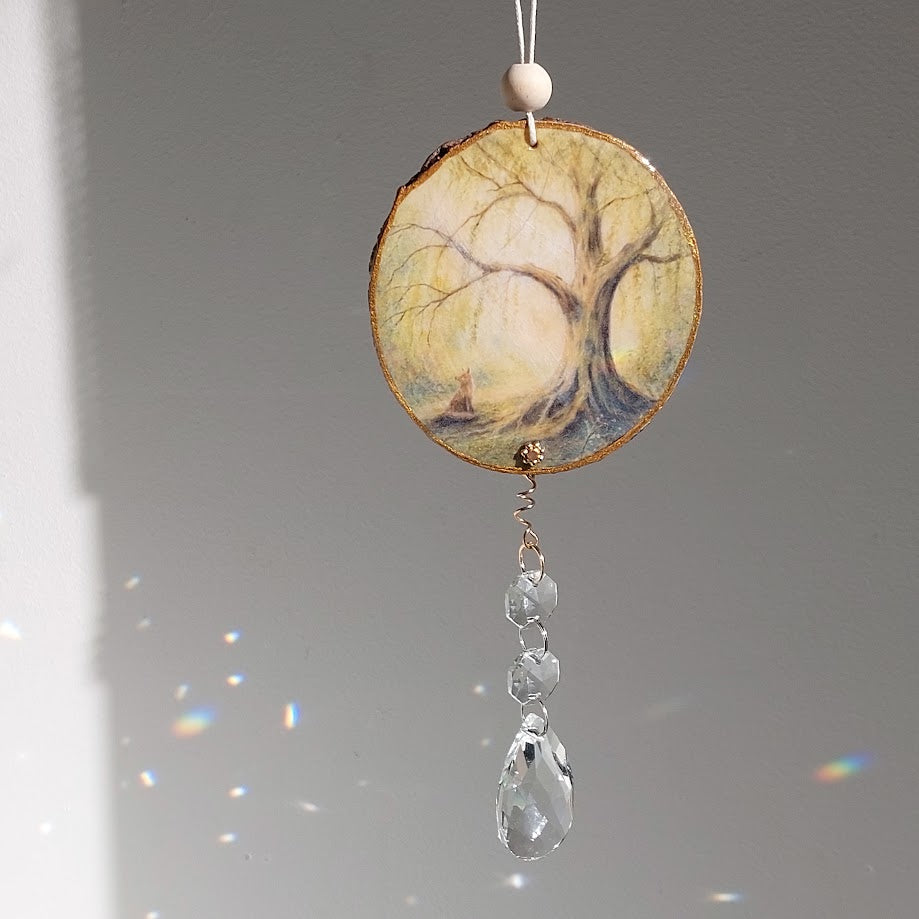 Fox art on Timber, Crystal Suncatcher, Handmade Window Hanging,