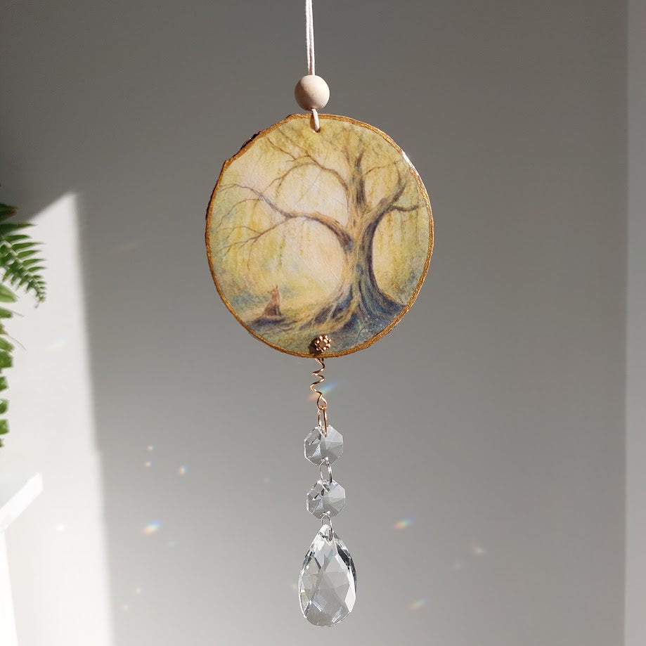 Fox art on Timber, Crystal Suncatcher, Handmade Window Hanging,