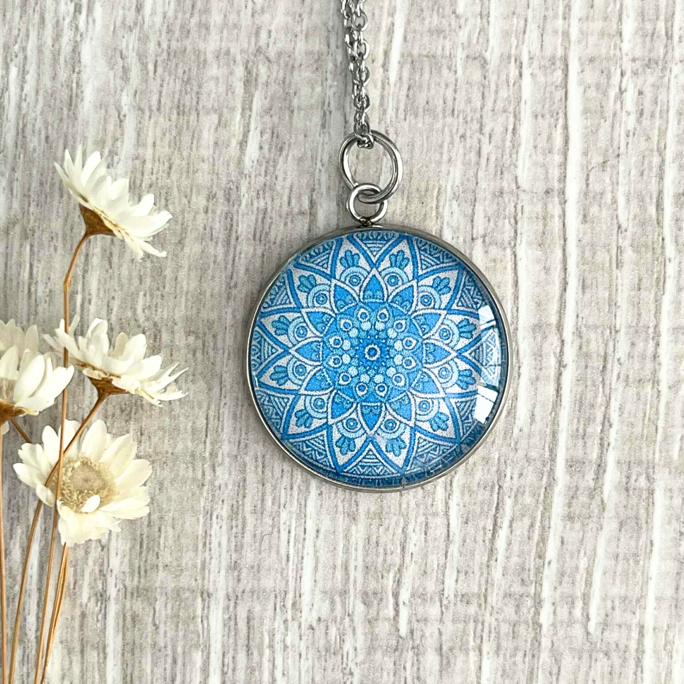 Blue Mandala Pendant Necklace • Easy wear Jewellery Made from Stainless Steel