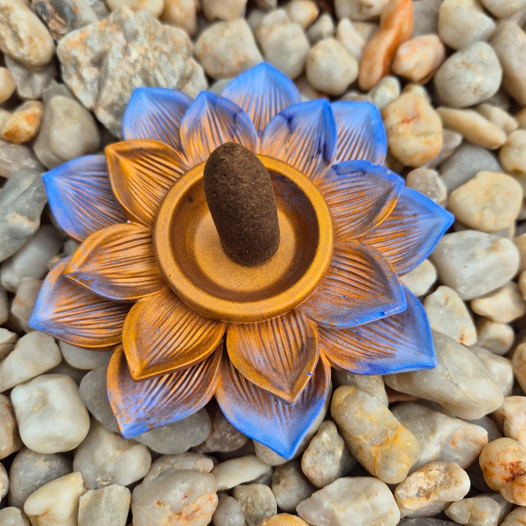 Pale blue and rose gold concrete lotus incense cone holder