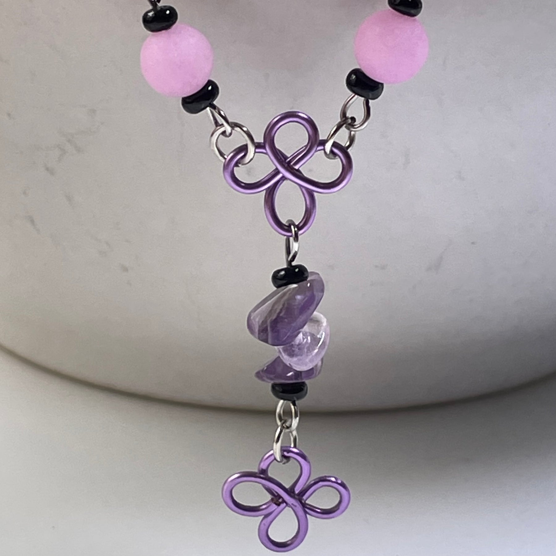 Amethyst and Alabaster Gemstone Daisy Wire Necklace