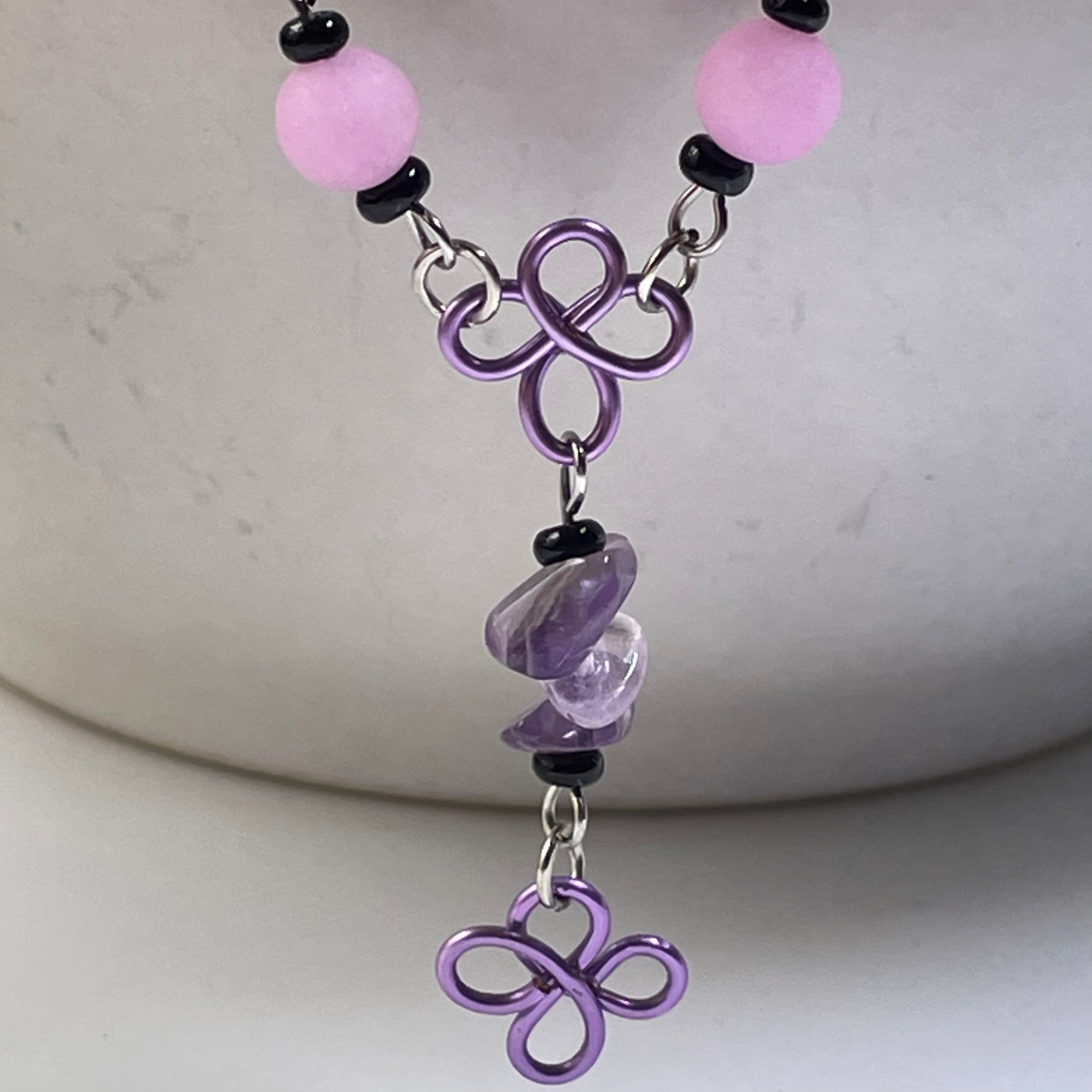 Amethyst and Alabaster Gemstone Daisy Wire Necklace