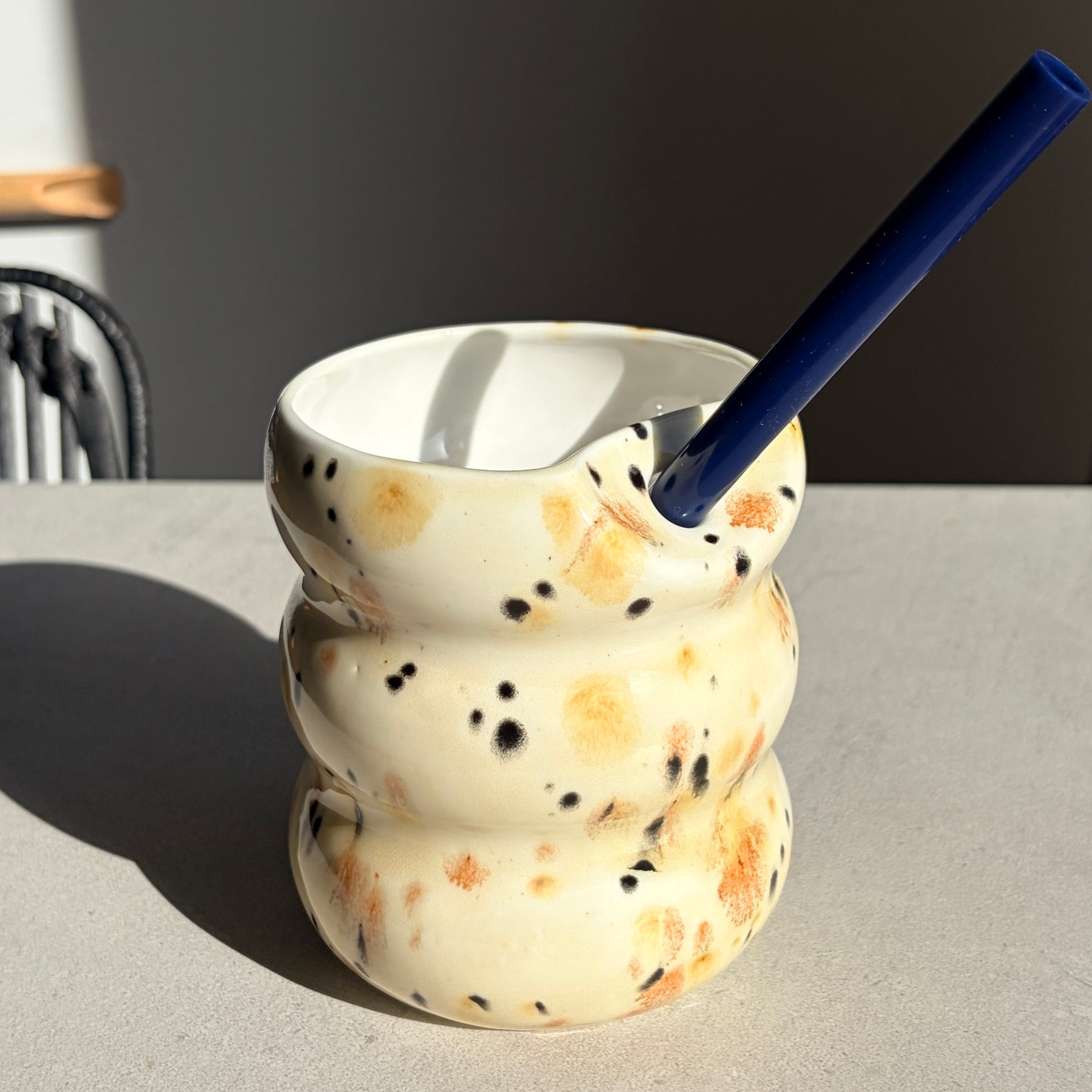 Handcrafted Porcelain Tumbler with Silicon Straw, 600mL Bubble Cup in Safari Glaze
