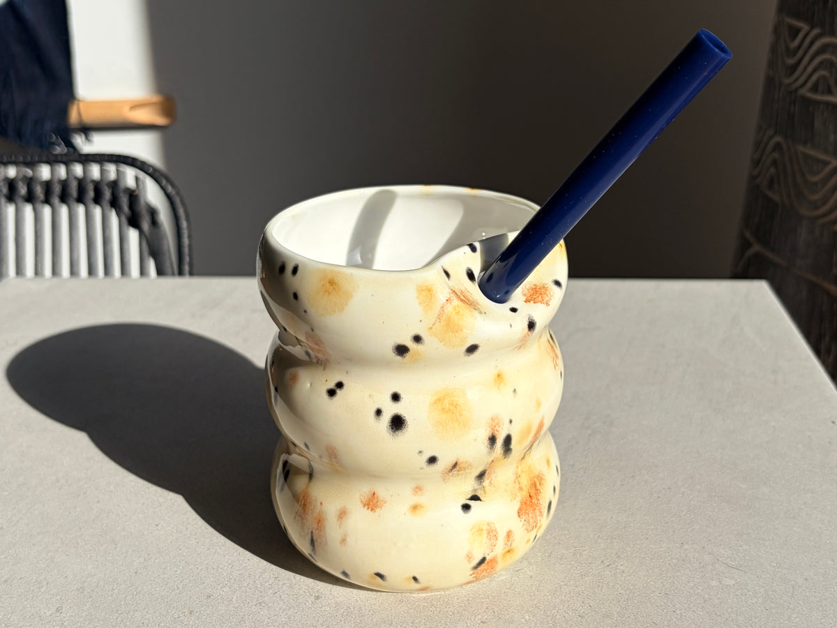 Handcrafted Porcelain Tumbler with Silicon Straw, 600mL Bubble Cup in Safari Glaze