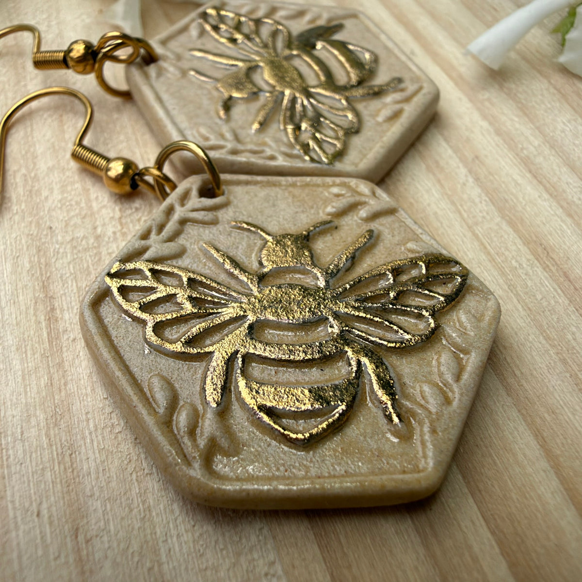 Gold embellished Ceramic Bee Earrings - Lightweight