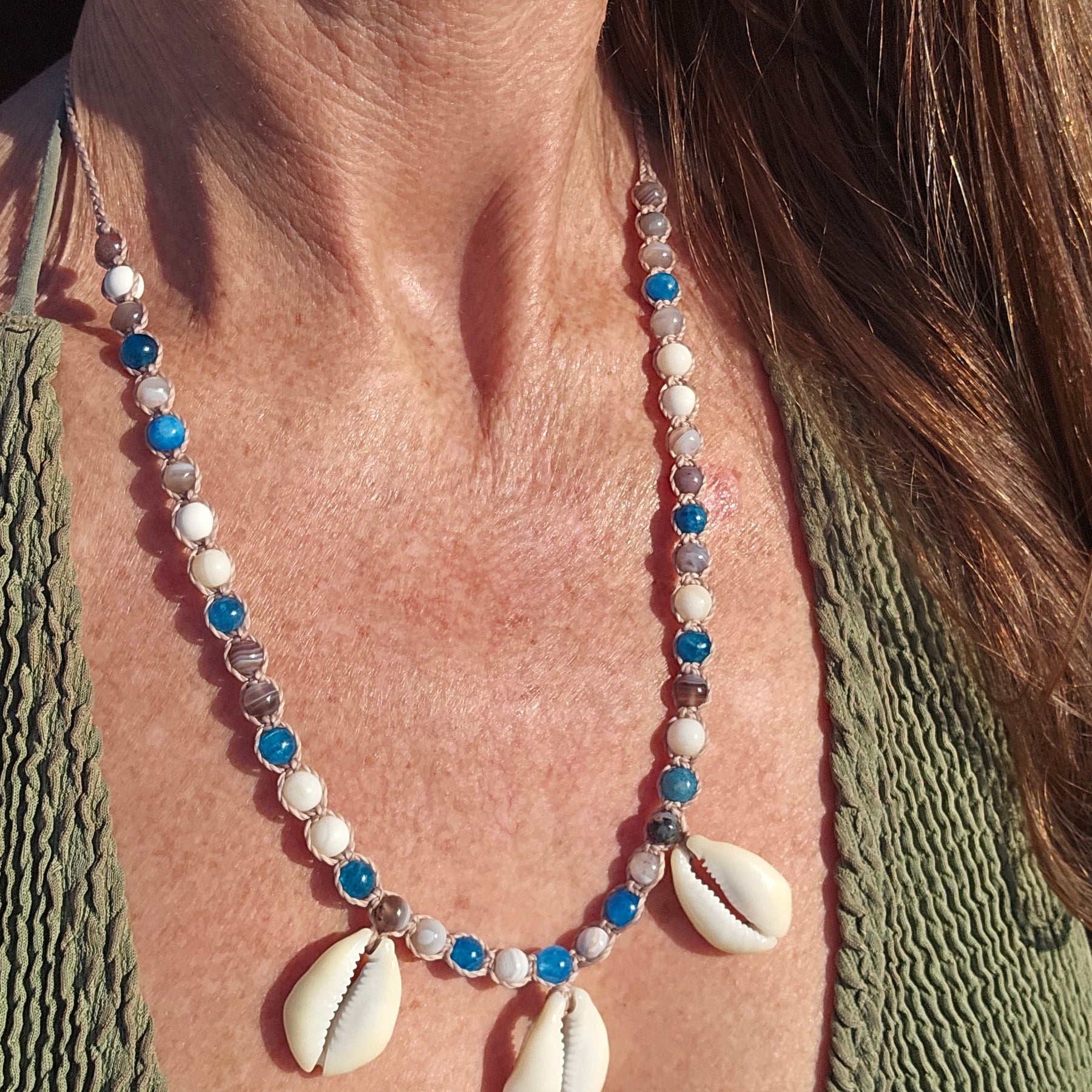 Cowrie Shell Macrame Necklace with Blue Apatite
