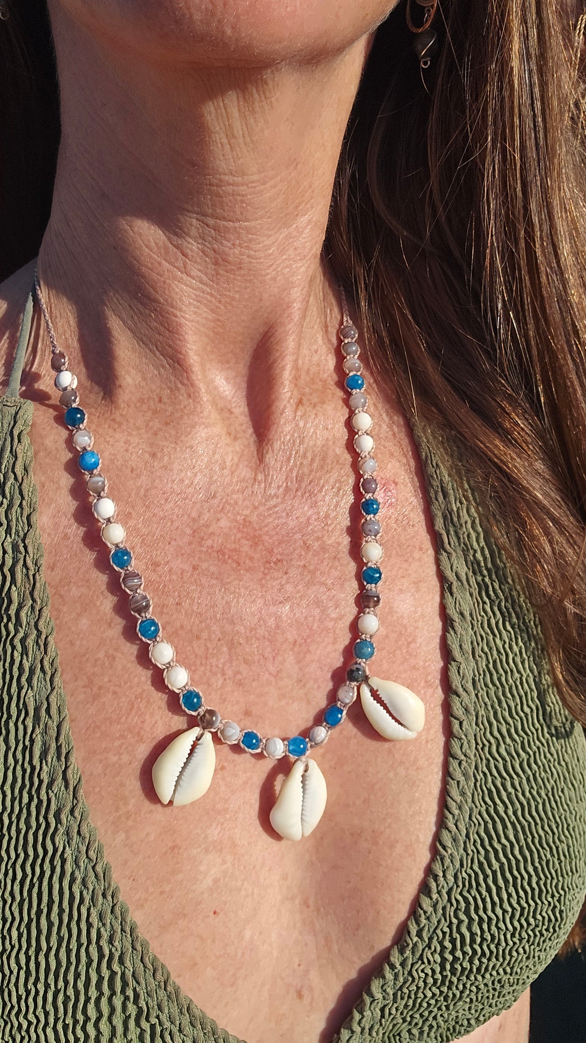 Cowrie Shell Macrame Necklace with Blue Apatite