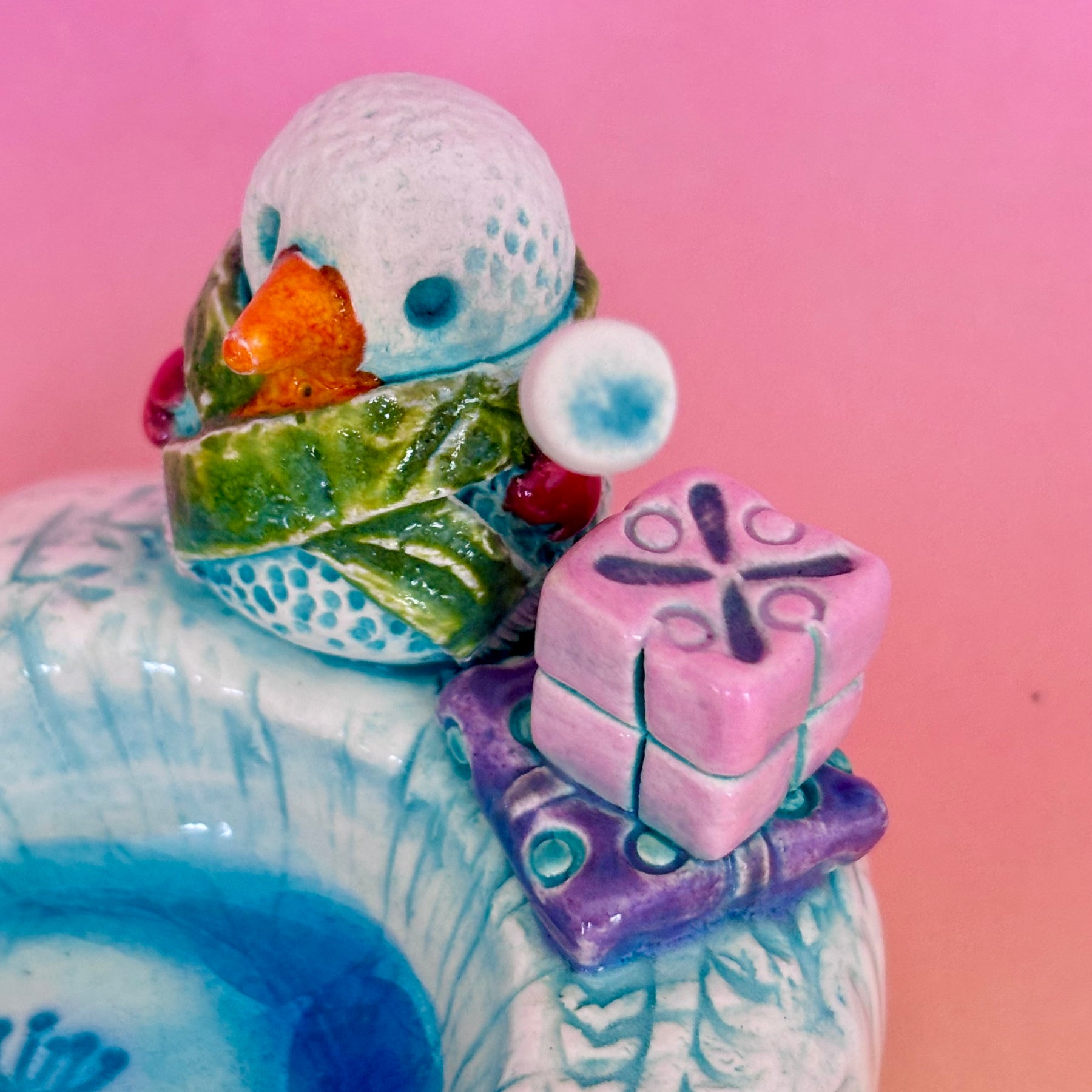 Handmade Earthenware Ceramic Christmas Tealight Holder with a Snowman