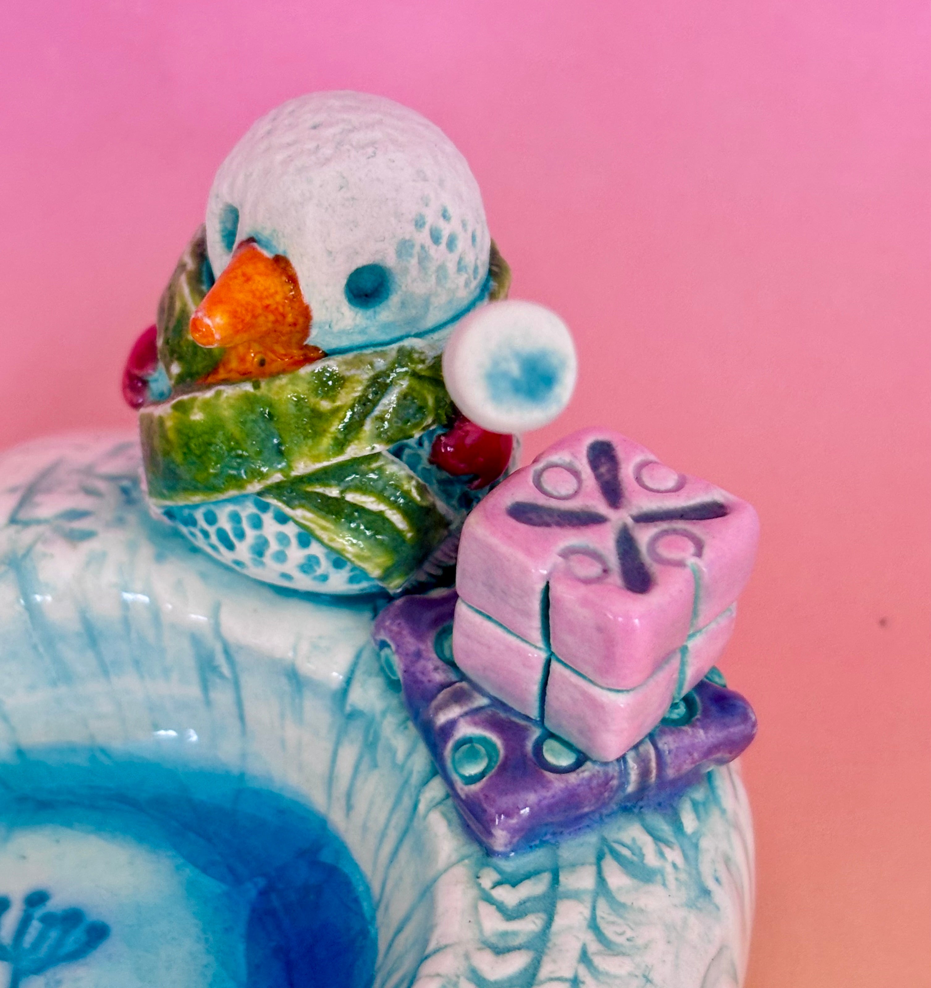 Handmade Earthenware Ceramic Christmas Tealight Holder with a Snowman