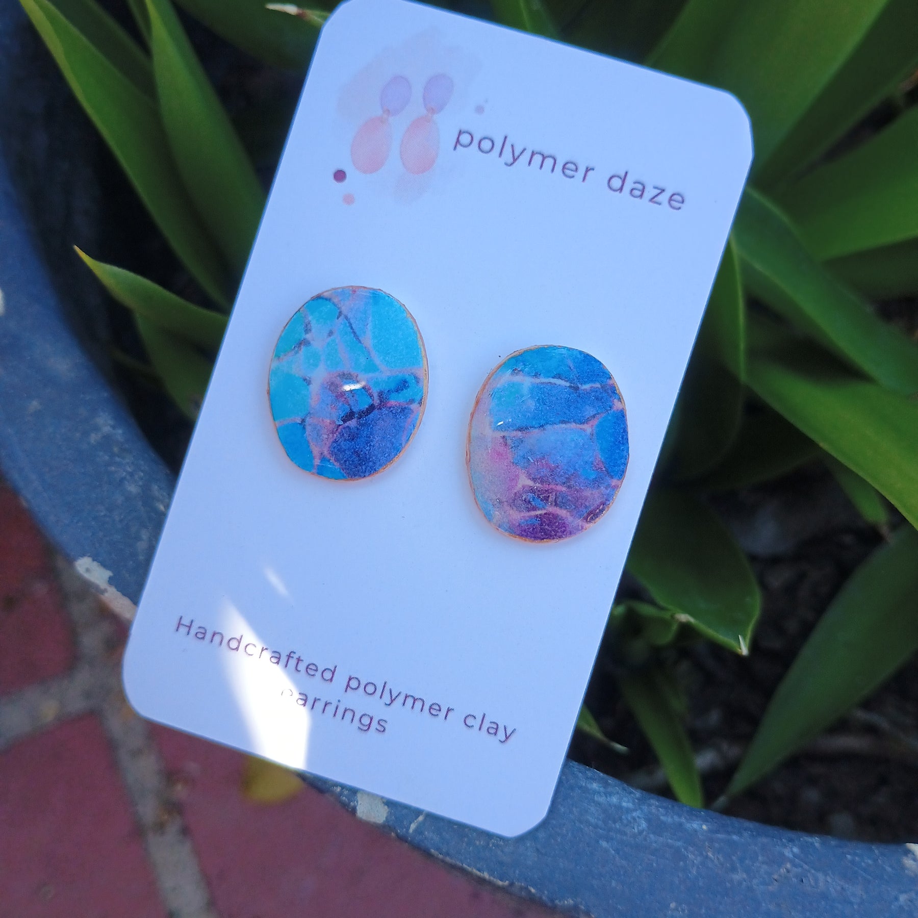 Polymer clay watercolour stud earring purple blue