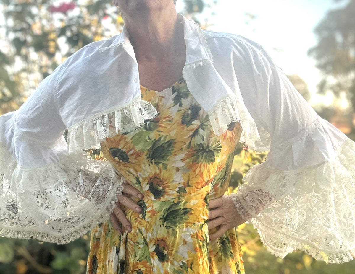 Upcycled White Linen Blend Bolero Sheer Lace Sleeves