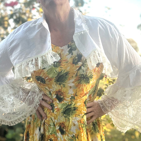 Upcycled White Linen Blend Bolero Sheer Lace Sleeves