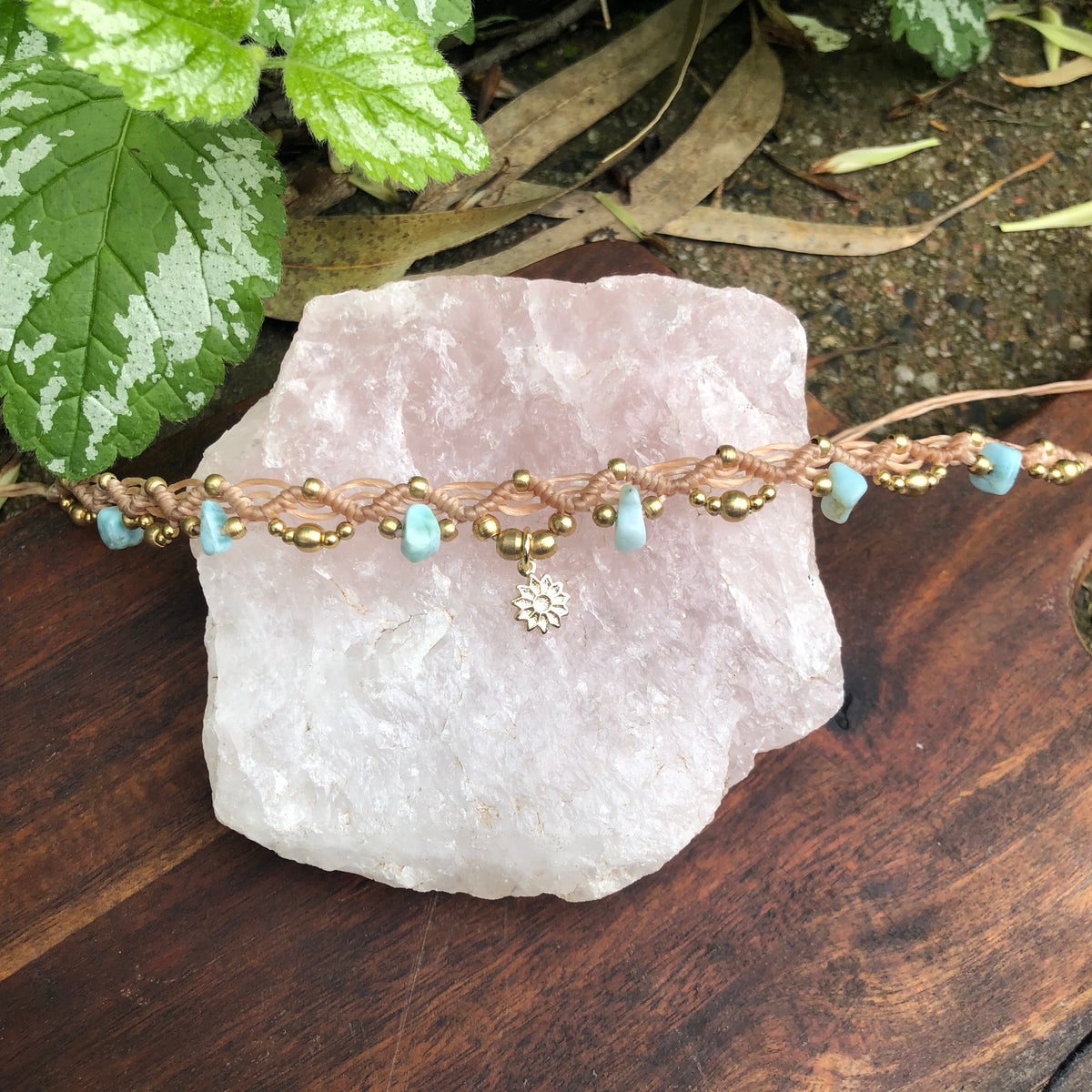 Larimar Gemstone Macrame Anklet: Boho Sunflower Charm, adjustable