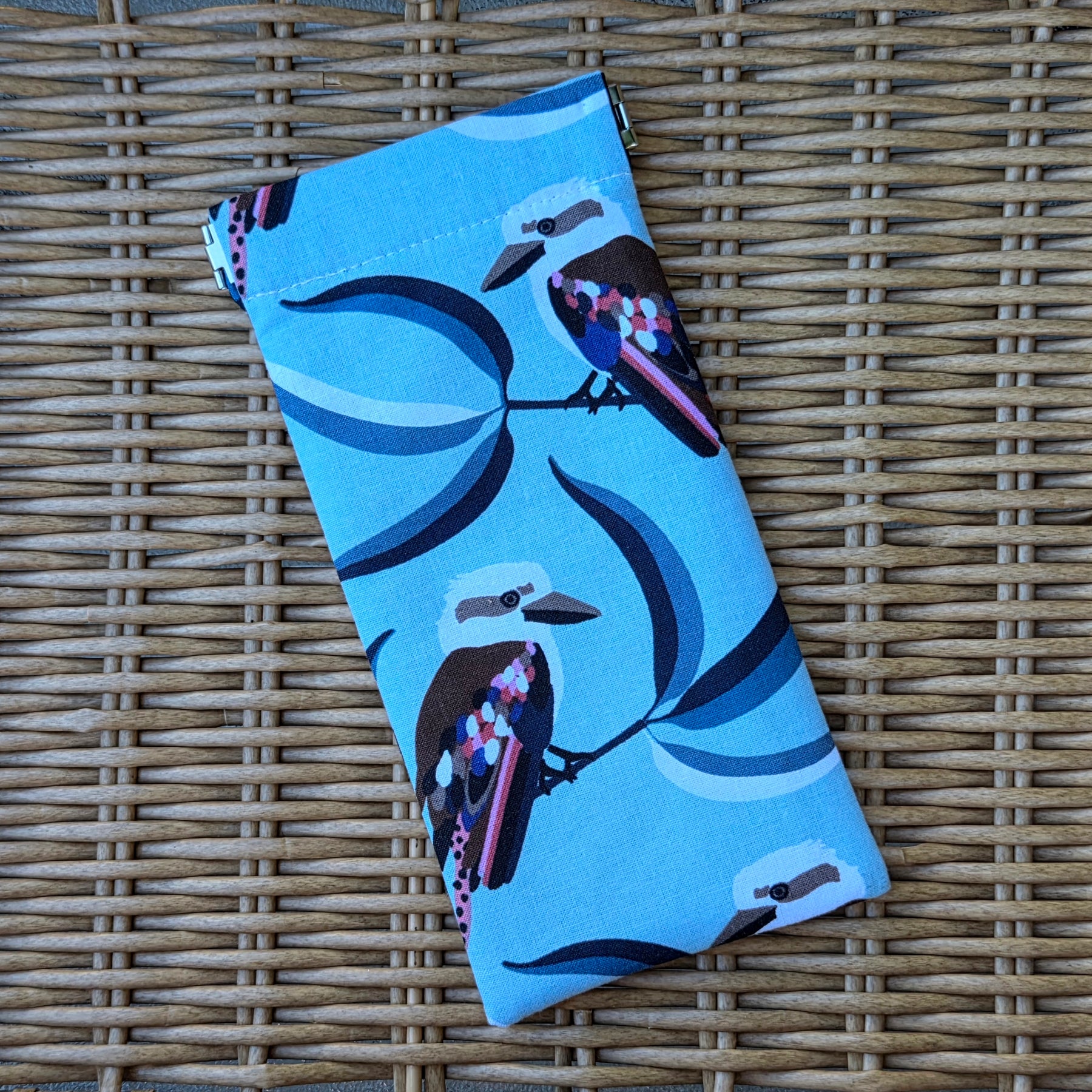 Sunglasses pouch, blue with kookaburras