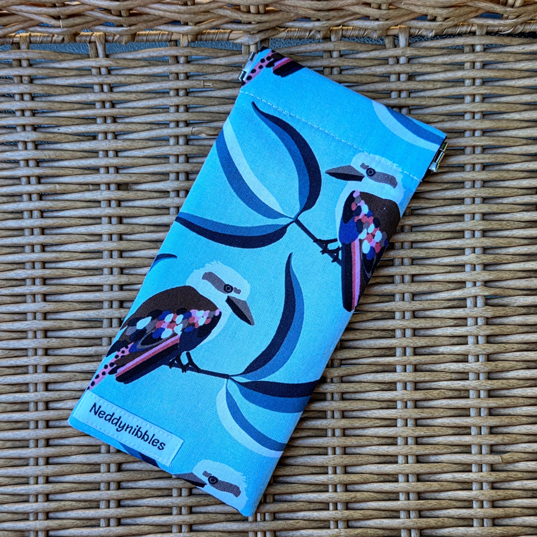 Sunglasses pouch, blue with kookaburras