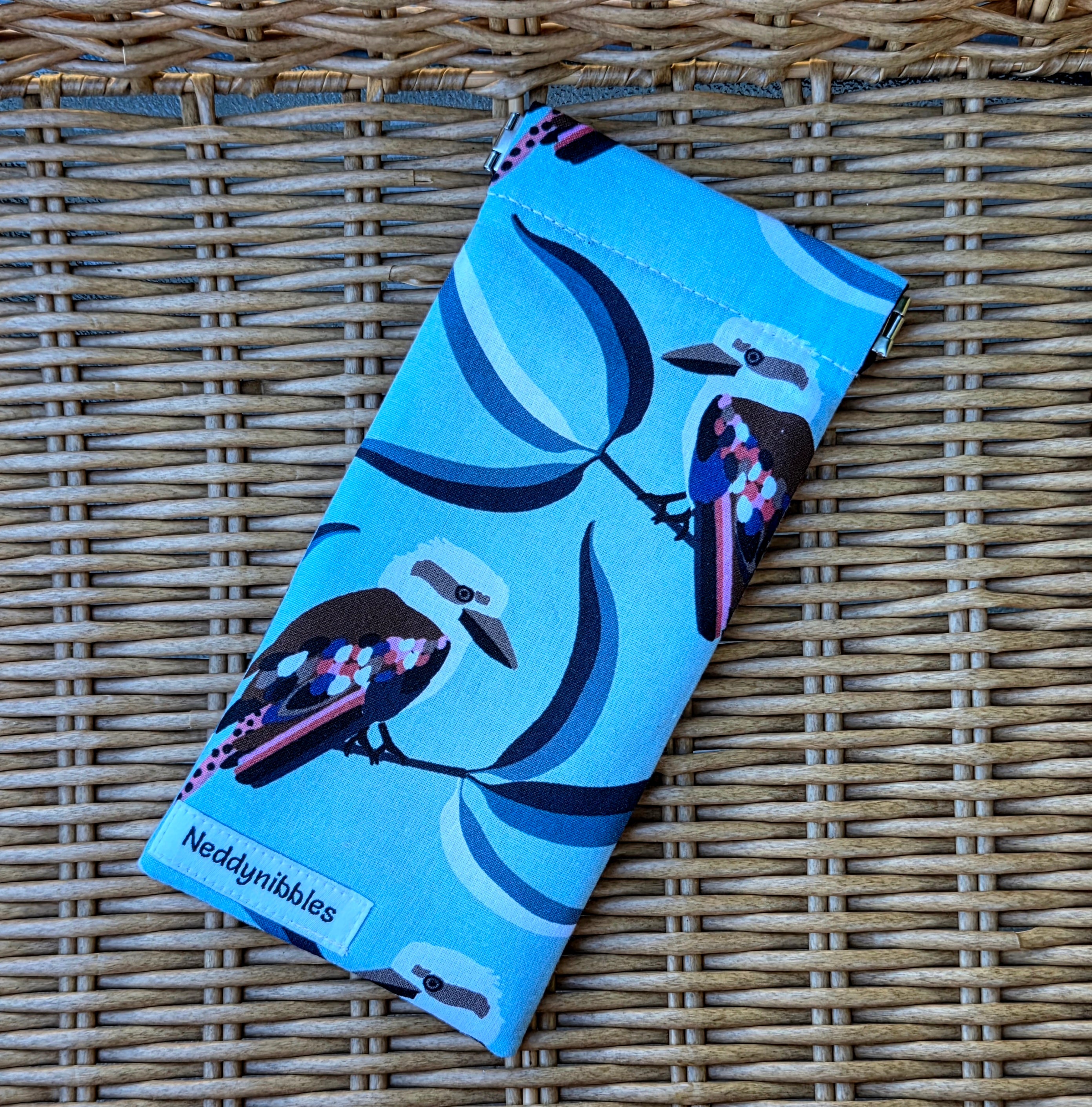 Sunglasses pouch, blue with kookaburras