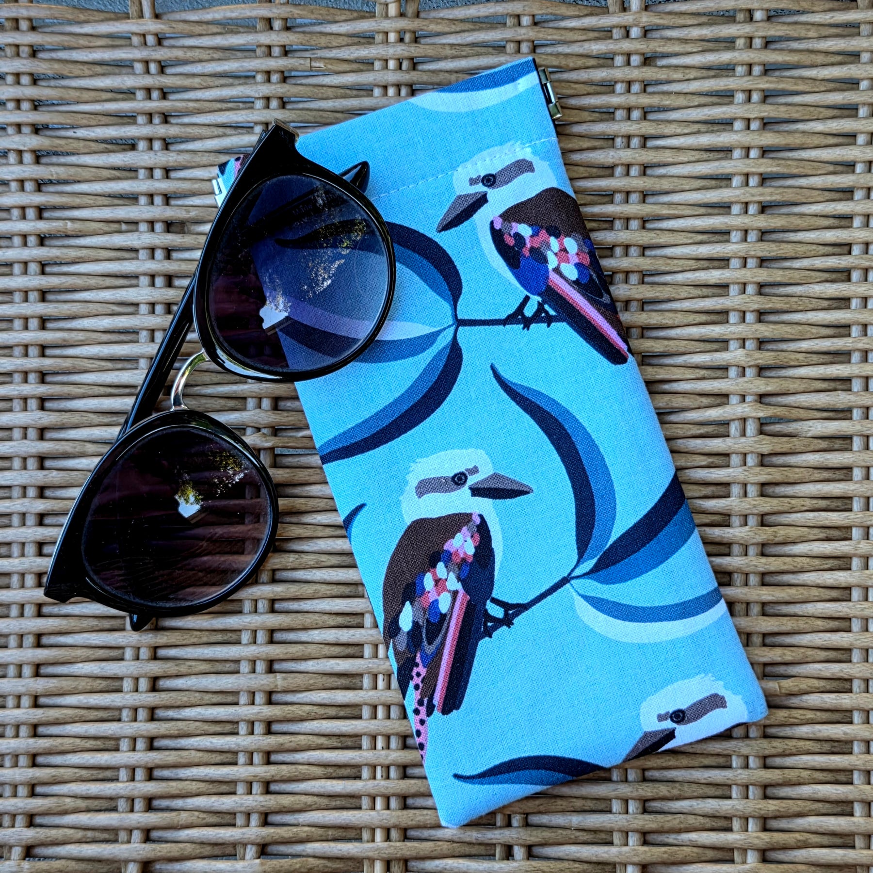 Sunglasses pouch, blue with kookaburras