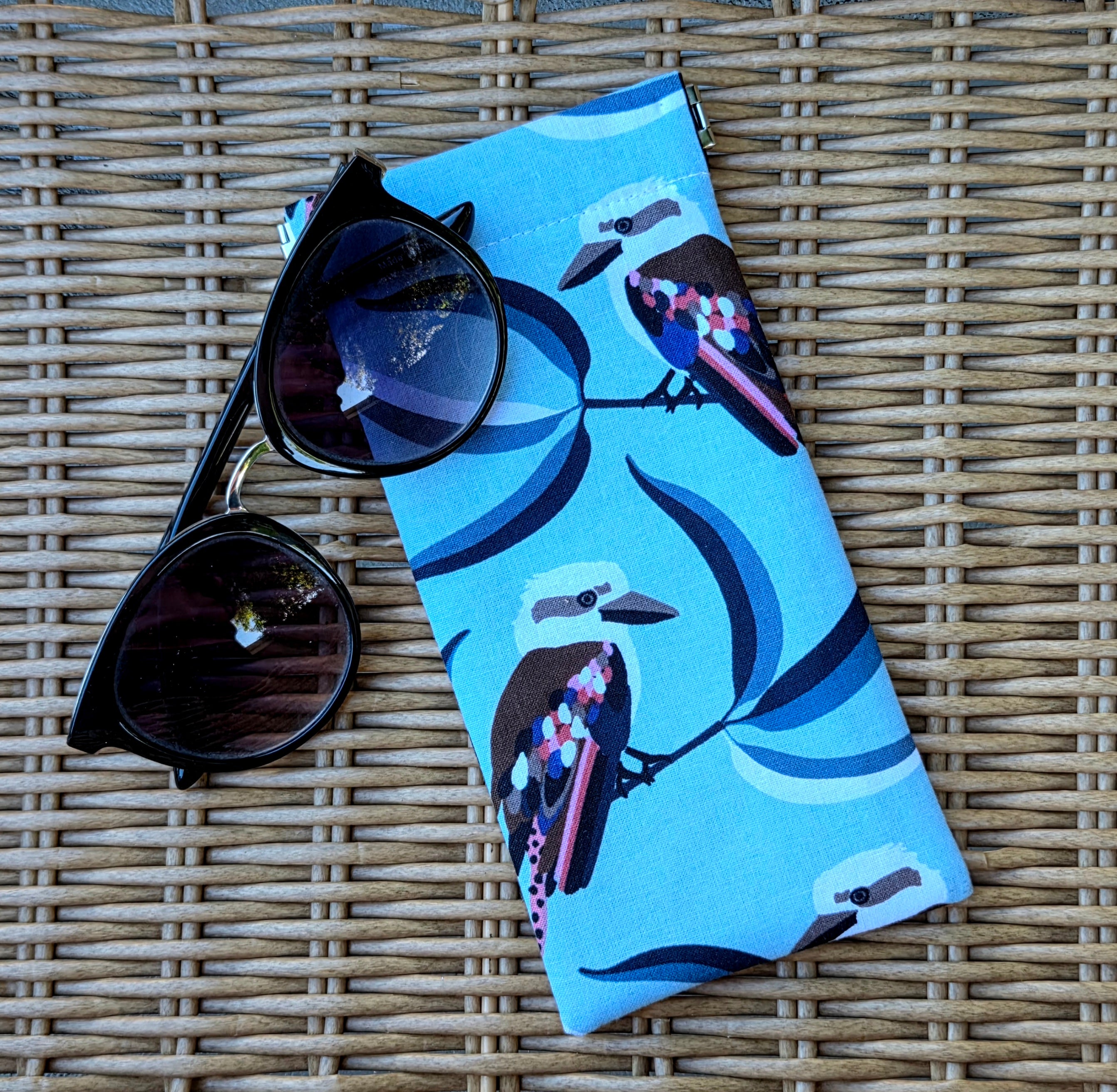 Sunglasses pouch, blue with kookaburras