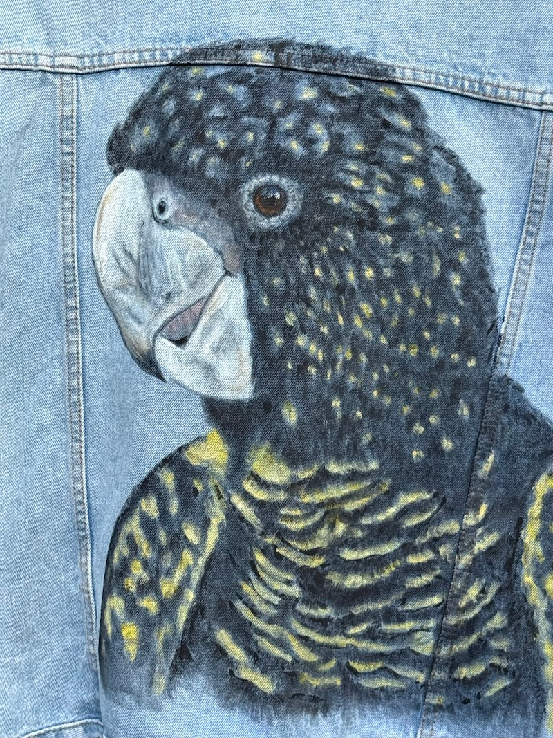 Black Cockatoo Hand-painted Denim Recycled Jacket (Med)
