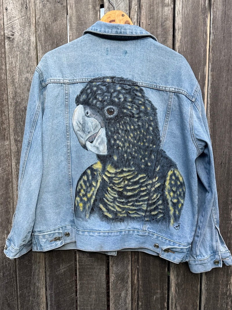 Black Cockatoo Hand-painted Denim Recycled Jacket (Med)