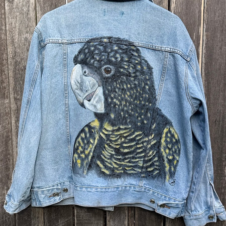 Black Cockatoo Hand-painted Denim Recycled Jacket (Med)
