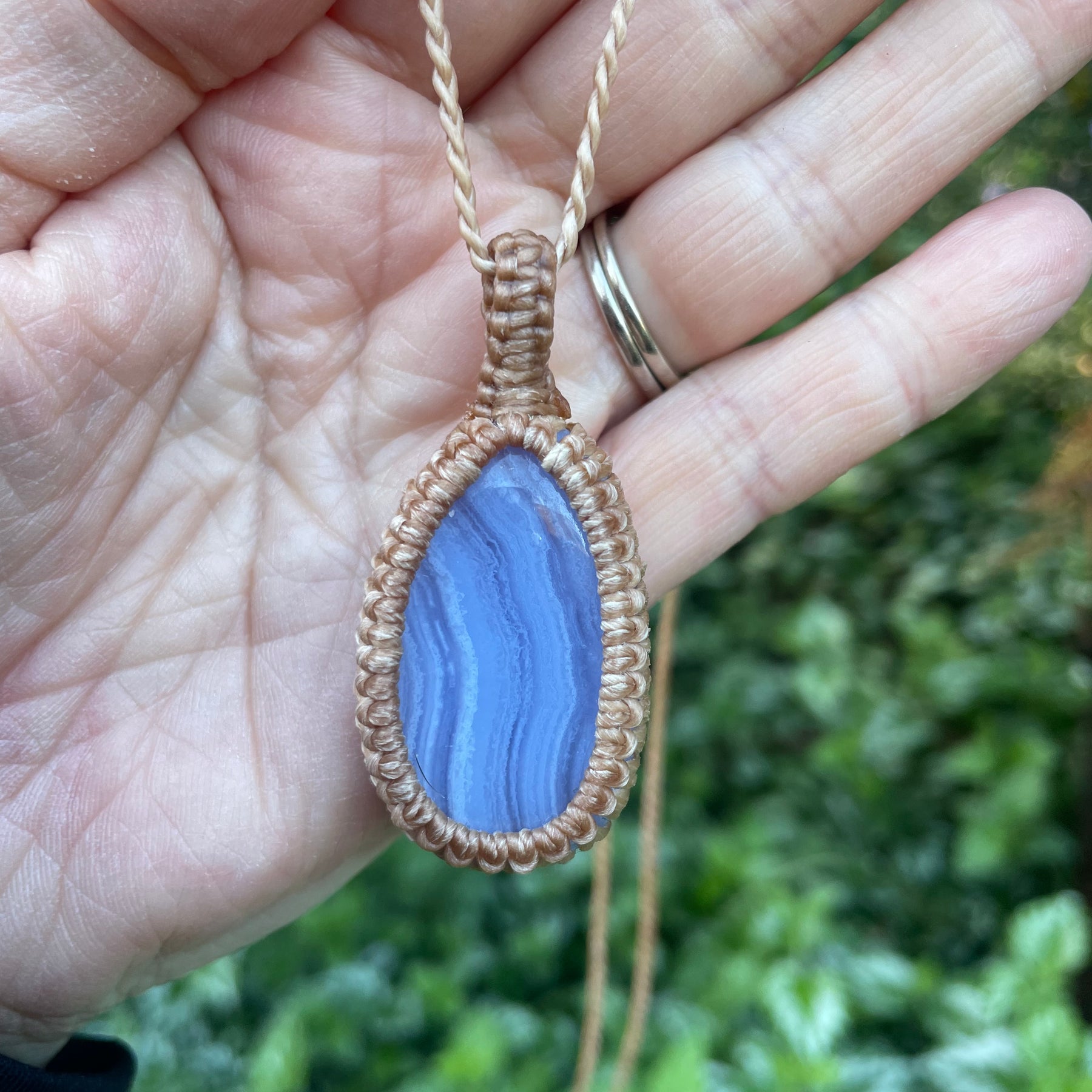 Blue Lace Agate Pendant, boho macrame necklace, adjustable