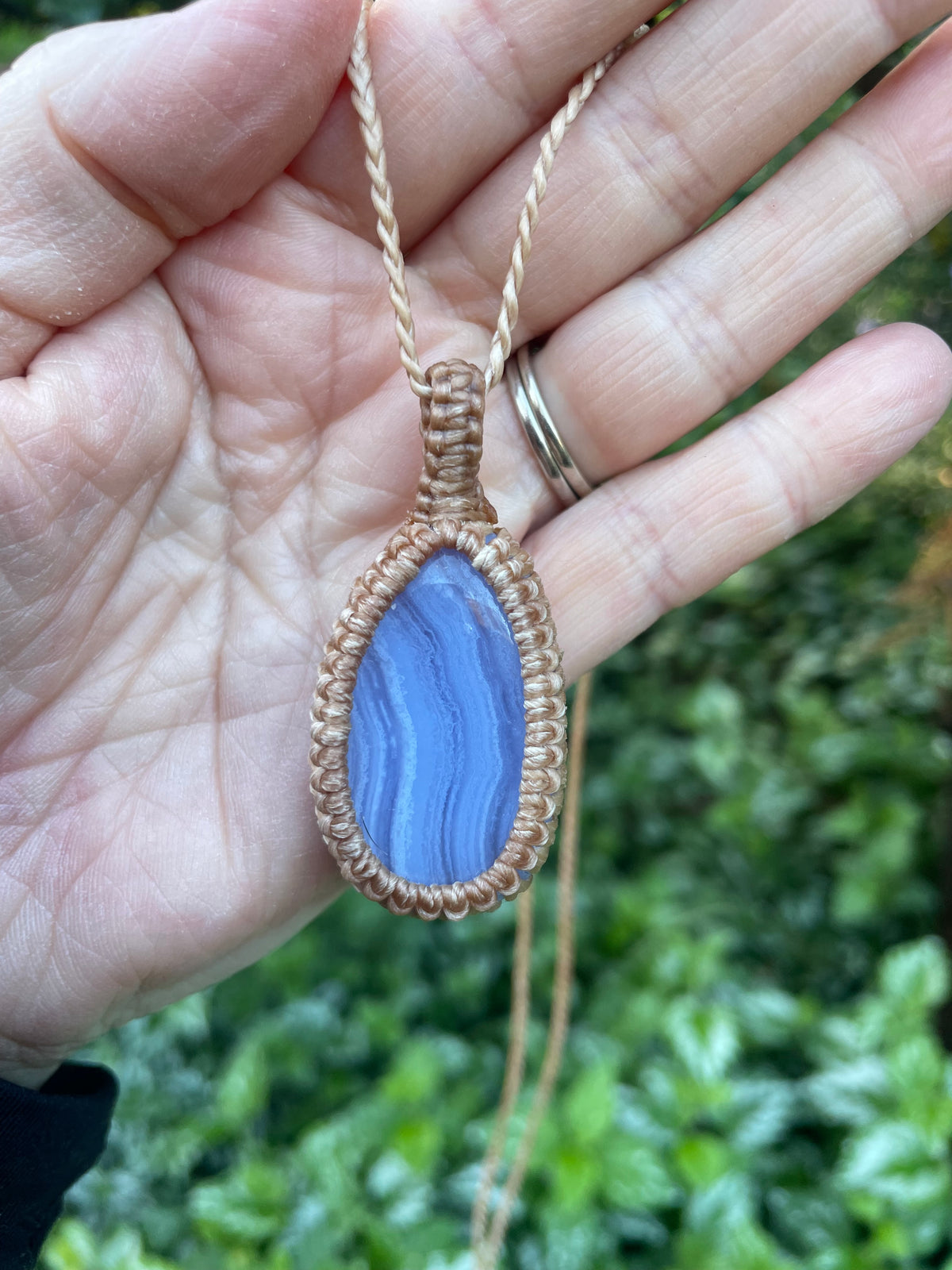 Blue Lace Agate Pendant, boho macrame necklace, adjustable