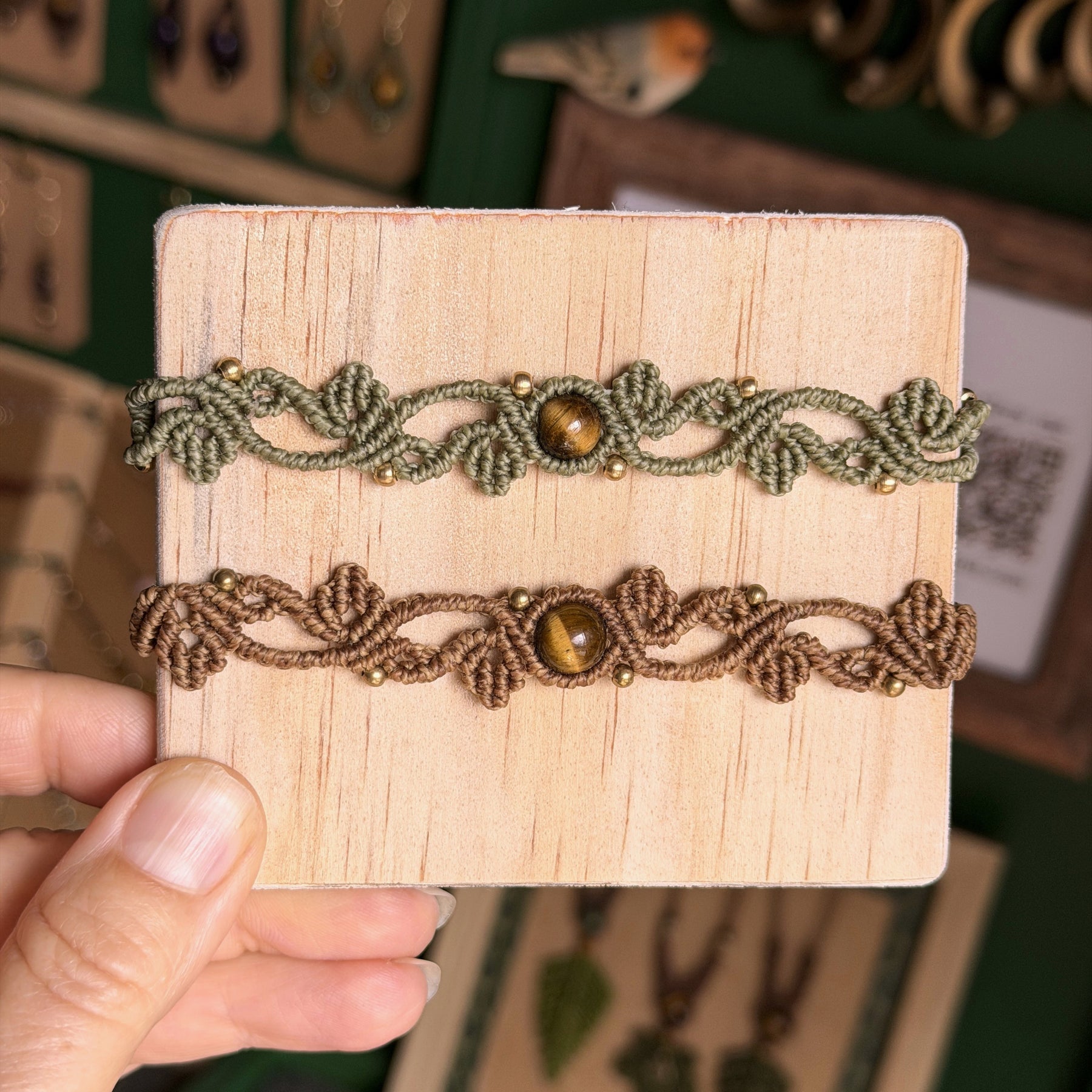 Macrame Leaf Bracelet with Focal Bead - earthy forest fae collection