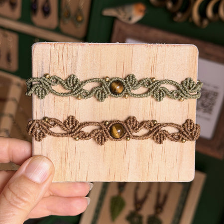 Macrame Leaf Bracelet with Focal Bead - earthy forest fae collection